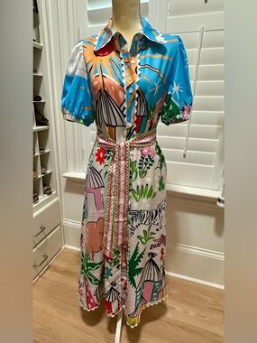 Vibrant colorful dress with pockets and sash